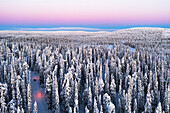 Luftaufnahme von zwei Wanderern, die im Morgengrauen im schneebedeckten Wald spazieren gehen, Iso-Syote, Lappland, Finnland, Europa