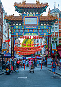View of colourful Chinatown Gate in Wardour Street, West End, Westminster, London, England, United Kingdom, Europe