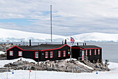 Exterior view of Port Lockroy, established as Station A in WWII Operation Tabarin, Goudier Island, Antarctica, Polar Regions