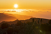 Tourists photographing sunset with smartphone from Pico Ruivo mountain peak, Madeira, Portugal, Atlantic, Europe