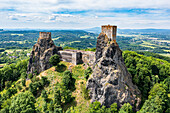 Aerial of Rock town of Hruba Skala with the castle in the background, Bohemian Paradise, Czech Republic, Europe
