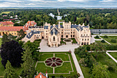 Aerial of Lednice Palace, Lednice-Valtice Cultural Landscape, UNESCO World Heritage Site, South Moravia, Czech Republic, Europe