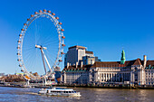 Ein Boot, das an einem sonnigen Tag vor dem London Eye und dem London Aquarium vorbeifährt, London, England, Vereinigtes Königreich, Europa