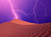 California, Death Valley National Park, Digital composite of lightning bolts striking sand dunes