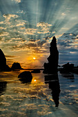 Sea stacks silhouetted at sunset, Bandon Beach, Oregon, USA