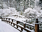 USA, Oregon, Portland. Winterschneefall auf dem japanischen Garten
