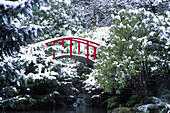 N.A., USA, Washington, Seattle. Moon bridge in Kabota Gardens in winter.