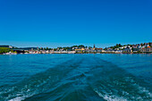 Rear View From a Nautical Vessel with Cityscape and Lake Lucerne in a Sunny Summer Day in Lucerne, Switzerland.