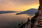 Balcony View over Lake Lucerne and Mountain in Dusk in Burgenstock, Nidwalden, Switzerland.