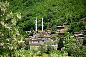 Dorf mit kleiner Moschee am Mavrovo Nationalpark, Nordmazedonien