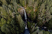 Aerial view waterfall among forest trees, Plodda Falls, Inverness, Scotland