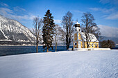 St. Margareth on the Zwergern peninsula at Walchensee in winter, Upper Bavaria, Germany