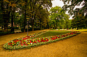 Flower bed and promenade in the spa gardens of Bad Elster, Vogtland, Saxony, Germany