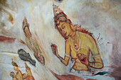 Sri Lanka, Sigiriya, alte Felsenfestung aus dem ersten Jahrtausend. Fresko der Felsenmalerei "Die Jungfrauen der Wolken" (Museumsreproduktion) UNESCO-Weltkulturerbe.