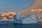 Antarktis, Insel Südgeorgien, Coopers Bay. Eisberg und Berge bei Sonnenaufgang