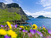 Küste in der Nähe von Gasadalur. Insel Vagar, Teil der Färöer-Inseln im Nordatlantik. Dänemark