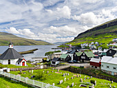 Village Haldarsvik am Sundini, Eysturoy in the background. Denmark, Faroe Islands