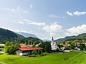 Church Sankt Michael. Village Sachrang in the Chiemgau in the Bavarian alps. Europe, Germany, Bavaria