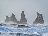Küste bei Vik i Myrdal im Winter. Die Felsnadeln von Reynisdrangar, Island.