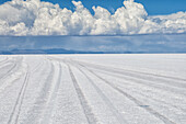 Bolivia, Uyuni, Salar de Uyuni. The salt flats extend for miles.