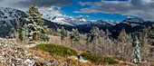 Panoramic of October snow and Teton Mountains from the west near Jackson hole, Wyoming and Driggs, Idaho