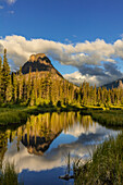 Sinopah Mountain reflects in beaver pond in Two Medicine Valley in Glacier National Park, Montana, USA