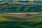 Distant idyllic farm homestead from elevated view from Steptoe Butte State Park, eastern Washington.