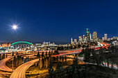 Washington State, Seattle. Full Moon Over Downtown