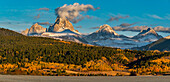 Usa, Wyoming. Panorama of Golden aspen trees, fall foliage near Jackson, Wyoming and Driggs, Idaho. View of Teton Mountains from the west