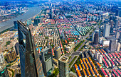 Looking Down on Black Shanghai World Financial Center Skyscraper Huangpu River Cityscape Liujiashui Financial District Shanghai China.