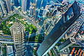 Looking Down on Black Shanghai World Financial Center SkyscraperJin Mao Tower Cityscape Liujiashui Financial District Shanghai China.