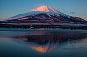 Japan, Honshu Island. Mt. Fuji and lake at sunrise.