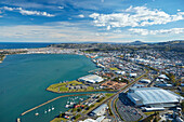 Logan Park, Forsyth Barr Stadium, and Otago Harbour, Dunedin, South Island, New Zealand - aerial