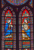 Jesus Christ Mary stained glass, Notre Dame Cathedral, Paris, France. Notre Dame was built between 1163 and 1250 AD.