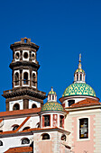 Italy, Campania, Atrani, Amalfi Coast. This is the dome and bell tower of the church of Santa Maria.