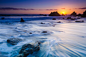 Sea stacks at sunset, El Matador State Beach, Malibu, California USA