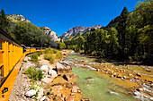 Die Durango & Silverton Narrow Gauge Railroad auf dem Animas River, San Juan National Forest, Colorado USA