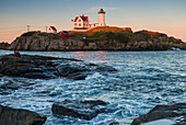 USA, Maine, York, Nubble Light Lighthouse at dusk