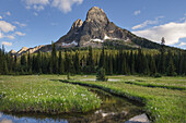 Liberty Bell Mountain reflected in waters of State Creek, Washington State Pass meadows, North Cascades, Washington State