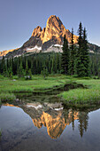 Liberty Bell Mountain reflected in still waters of State Creek, in meadows of Washington Pass. North Cascades, Washington State