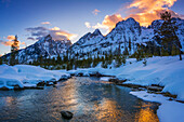 Evening light over the Tetons from Cottonwood Creek in winter, Grand Teton National Park, Wyoming USA