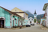 Rua de Sao Tome looking towards the Church of Nossa Senhora da Conceição in Santo António on the island of Príncipe in West Africa