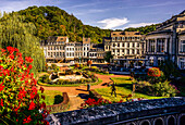 View of the park and the main building of the casino, with the wooded hill of Colline d´Annette et Lubin in the background, Spa, Province of Liège, Belgium