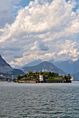 The gardens of Palazzo Borromeo on Isola Bella, seen from the ferry, Lake Maggiore, Piedmont, Italy.