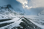 Kanada, Alberta, Columbia Icefield. Der Mensch nimmt den Winterblick auf den Athabasca-Gletscher auf.