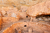 USA, Colorado. Mesa Verde National Park, remains of wall and window masonry structure in sandstone alcove, Step House Ruin on Wetherill Mesa.