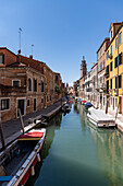 Buildings and boats on Rio San Barnaba, Venice, Veneto, Italy