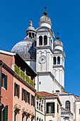 The two bell towers of the Basilica della Salute seen from Rio Terà dei Catecumeni., Venice, Veneto, Italy.