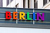 Colorful logo of the city of Berlin in a shopping arcade, Berlin, Germany