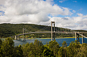 Norwegen, Lofoten, Hängebrücke über den Fjord bei Sonnenschein